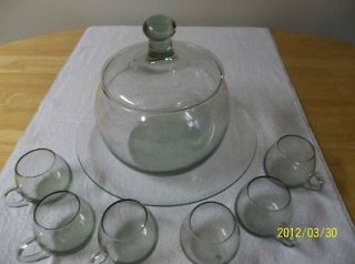 Vintage blown glass punch bowl set with lid and platter