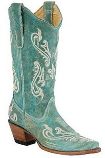 Corral Womens Cowboy Western Leather Boots Turquoise/White R1973 Size