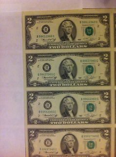 1976 Uncut Sheet X 4 Crisp USA 2 Dollars Uncirculated $ 2 LEGAL MONEY