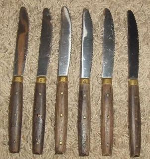VINTAGE ROWOCO Knife Set Brass and Wood Handles 6 Knives Made In