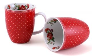 Set of 2 KATIE ALICE Scarlet Posy RED SPOT Shabby Chic PORCELAIN MUGS