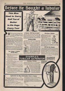 1908 SHARPLES TUBULAR CREAM SEPARATOR DAIRY BUTTER HOG