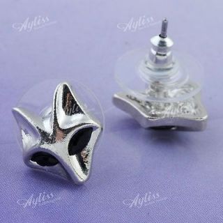 Pair Silvery Metal Crystal Fox Head Ear Stud Earring Vogue Jewelry