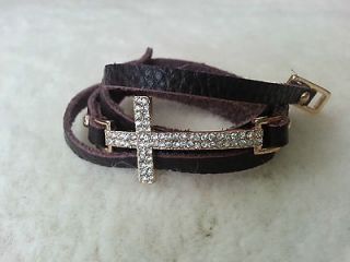 Faux Leather Rhinestone Cross Wrap Bracelet Brown