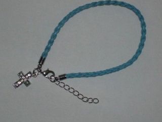 Faux Leather Braided Light Blue/Aqua Bracelet with Rhinestone Cross