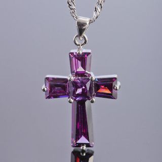 Jewelry Cross Cut Purple Amethyst White Gold Plated Pendant Necklace