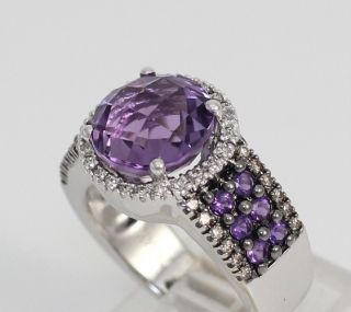 LeVian Solid 14K White Gold Amethyst Chocolate Diamond Ring Size 6.5