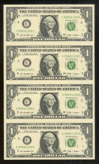 US $1 Uncut Currency Sheet of 4. Series 2009. Unused