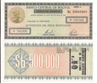 1987 Bolivia 50 Centavos on 500000 Pesos note P.198 UNC