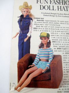 Fashion Doll Crochet Pattern~Cowboy Hat~Baseball Cap~Top Hat~Garden