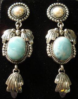 American, Navajo Hand Made Larimar & Pearls, Sterling Dangle Earrings