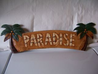 HOME DECOR PALM TREE SIGN PARADISE HAND CARVED NEW!