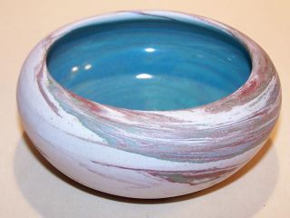 Denver White Pottery Swirl Decorated Bowl, Inside Turquoise Glaze