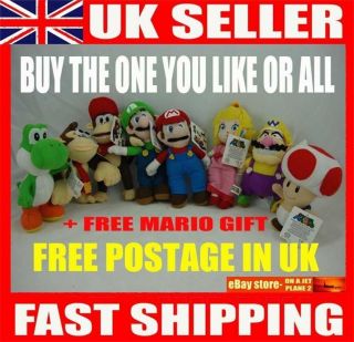 MARIO Luigi Peach Kong Toad Diddy Wario Yoshi + FREE badge Soft Toy