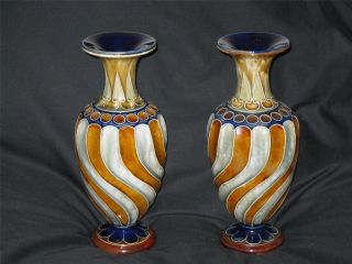 Doulton Lambeth Frank Butler 2 x Inverted Baluster Spiral Fluted Vases