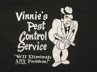 VINNIES PEST CONTROL Retro bowling shirt Fun Mafia Print on White/Blk