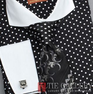 Dress Shirt,Steven Land White Spread Collar French Cuffs CottonPolka