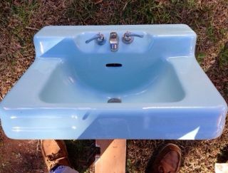 Vintage 1950s Blue or Aqua Cast Iron Sink Mid Century Modern Art Deco