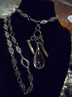 HAND MADE NECKLACE, CLEAR CRYSTAL TEAR DROP CHARM, FILIGREE, FUNK