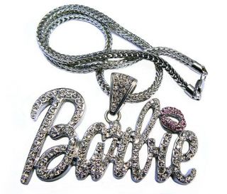 Iced Out BARBIE Pendant Necklace Large w/20 Franco Chain SILVER L