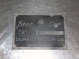BODY ID IDENTIFICATION TAG BADGE PLATE 1926 STAR CAR 4 DURANT MOTOR