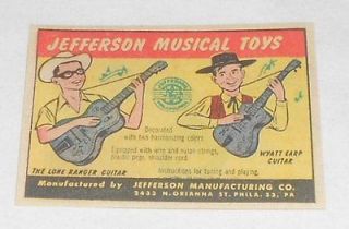 small 1960 cartoon ad ~ LONE RANGER+WYATT EARP Guitars