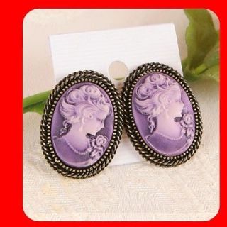 Big Purple CAMEO Vintage Style Stud Women Fashion Jewelry Earrings t2