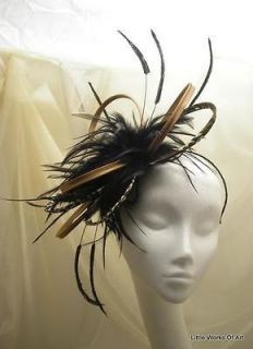 Leopard skin caramel Black Feather Fascinator Headpiece Hat Wedding