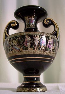 Vintage Greek Amphora Glazed Vase   24k Gold   Handmade in Greece 16cm