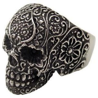 Skull Flower Punk Biker Stainless Steel Ring Size 9,10,11,12,13, 14