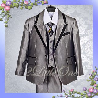 5pc Set Formal Suits Outfits Christening Wedding Boys Silver Gray Size