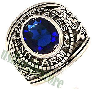 Mens Sapphire Blue US Army Military Rhodium Plated Ring
