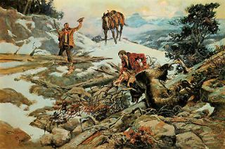 1915 Charles Russell Painting, Bear Hunting, Fur Trade scene