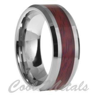 8mm Tungsten Carbide Mens Wood Inlay Beveled Edges Wedding Band Ring