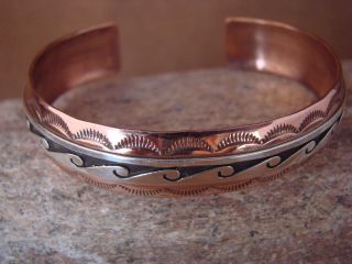 Navajo Indian Hand Stamped Copper & Sterling Silver Tribal Bracelet by
