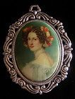 Porcelain Pin Portrait of Woman Lady Brooch Silver Plate Brown Hair