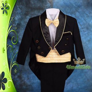 5pc Black Gold Formal Tuxedo Suit Wedding Page boy Christening Baby Sz