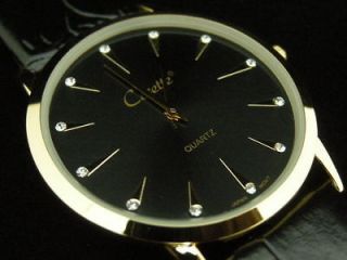 BL36   Japan Mens Vintage Gold Tone Wrist Watch Genuine Leather Strap