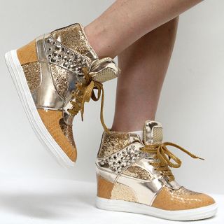 Woman Gold Sequin Sparkle Glitter Sneakers Studded Spike High Top