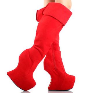 Red Suede Fold Over Heel Less Studded Women Hidden Platform Knee High