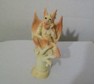 Gargoyle Resin Figurine Seated Pillar Cute Face Orange & White Wings