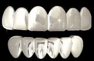 CLEAR 2 ROW ICED OUT TOP/BOTTOM TEETH SET SILVER GRILLZ HIP HOP BLING