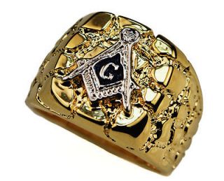 Masonic Mens Unique NUGGET Ring 18K yellow Gold Overlay size 8 BEA
