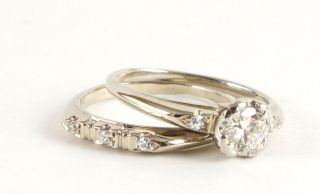 VINTAGE 1940s 18K WHITE GOLD, PLATINUM & DIAMOND WEDDING RING & BAND