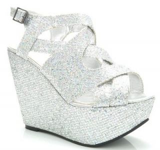 NEW WOMENS GLITTERS PEEP TOES STRAPPY WEDGE HEELS ANKLE PARTY SHOES