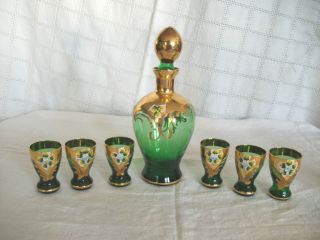 Green glass w/gold & raised flowers liquor decanter & glasses Lovely