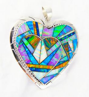 Large Navajo Silver Lab Created Opal Inlay Heart Pendant By Ronald Tom