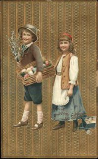 Easter   Boy & Girl w/ Eggs Gold Embossed Backdrop c1910 Postcard