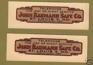 NOS decals 1961 John Baumann Safe Co/St Louis 3 MO