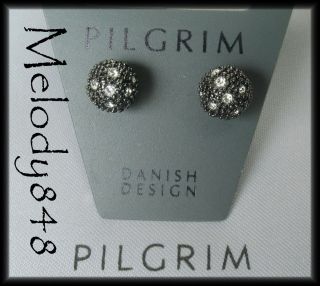 PILGRIM Globe Stud Earrings CLASSIC Hematite Plate/Clear Swarovski